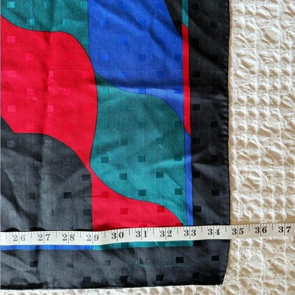 Ginnie Johansen Vintage Silk Scarf 35” Black Blue Green Red Rolled Edges